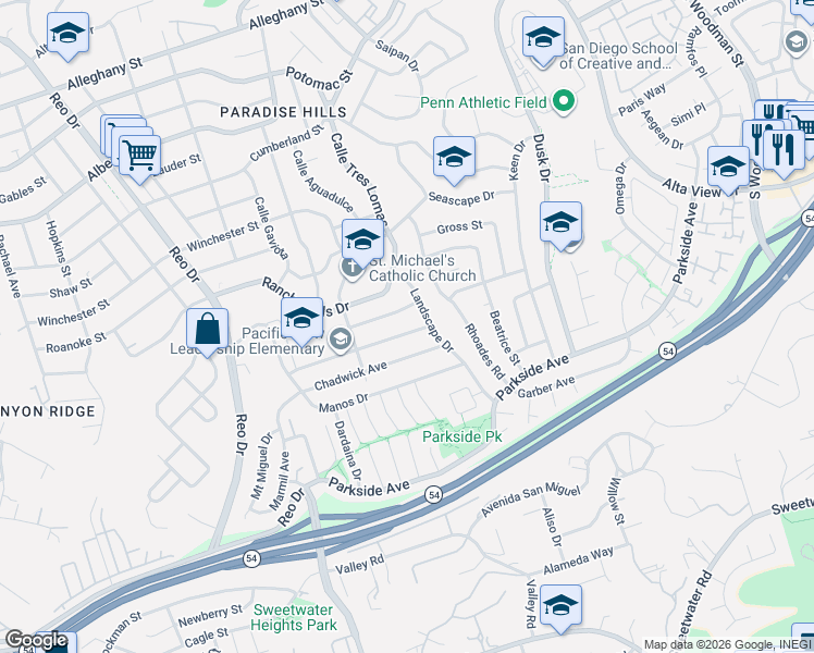 map of restaurants, bars, coffee shops, grocery stores, and more near 6285 Plateau Drive in San Diego