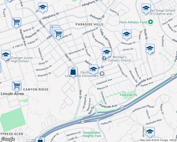 map of restaurants, bars, coffee shops, grocery stores, and more near 2711 Manos Drive in San Diego