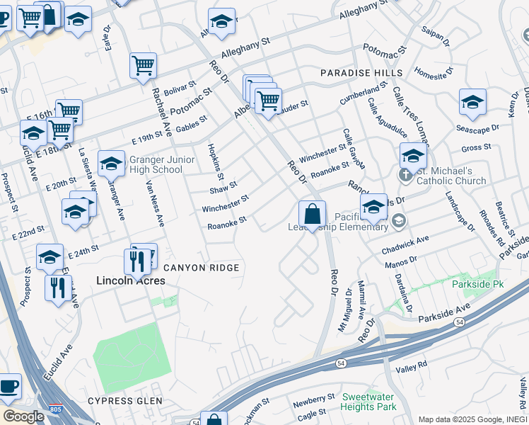 map of restaurants, bars, coffee shops, grocery stores, and more near 5779 Roanoke Street in San Diego