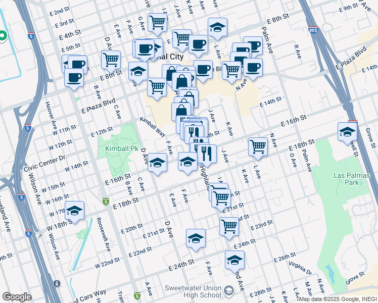 map of restaurants, bars, coffee shops, grocery stores, and more near in Lincoln Acres