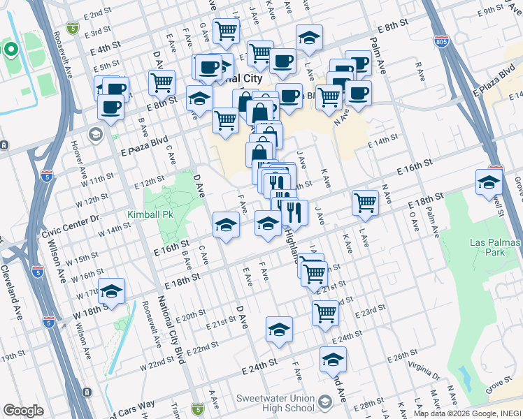 map of restaurants, bars, coffee shops, grocery stores, and more near in Lincoln Acres