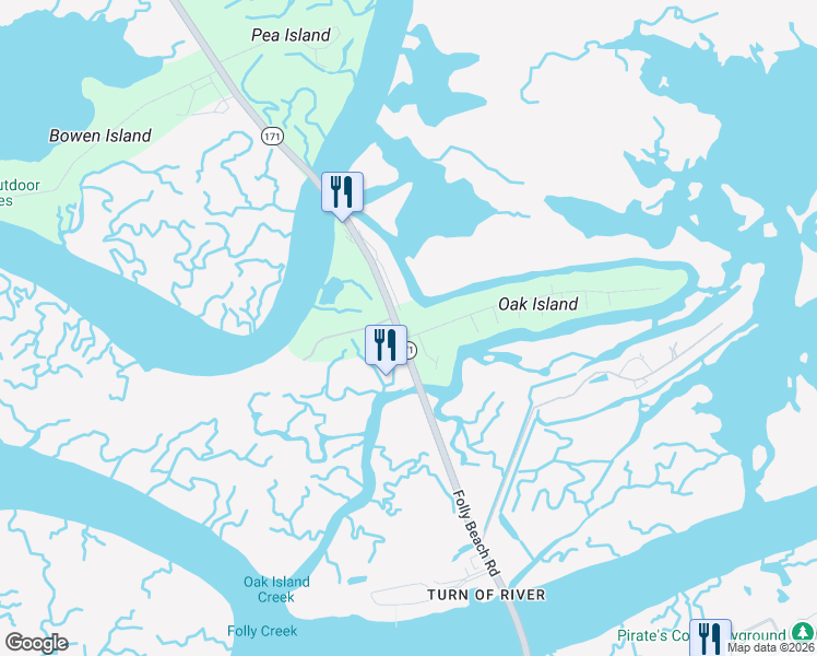 map of restaurants, bars, coffee shops, grocery stores, and more near 1676 Oak Island Drive in Charleston