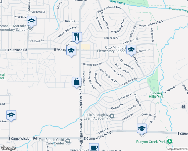 map of restaurants, bars, coffee shops, grocery stores, and more near 6214 Silvery Moon Drive in Dallas