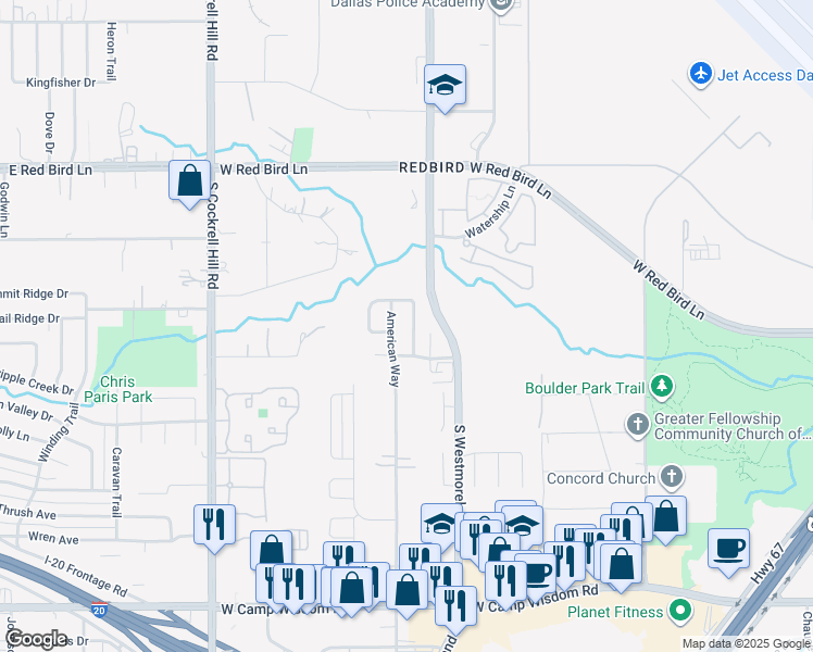 map of restaurants, bars, coffee shops, grocery stores, and more near 6425 Allegiance Drive in Dallas