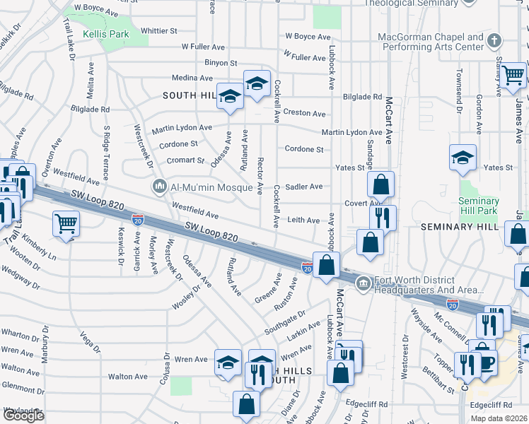 map of restaurants, bars, coffee shops, grocery stores, and more near 5067 Rector Avenue in Fort Worth