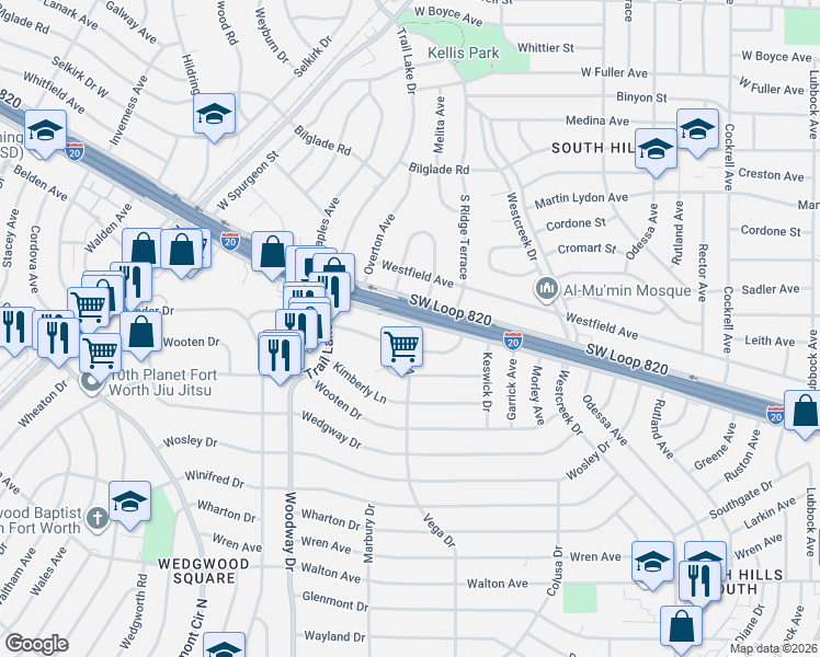 map of restaurants, bars, coffee shops, grocery stores, and more near 3705 Southwest Loop 820 in Fort Worth