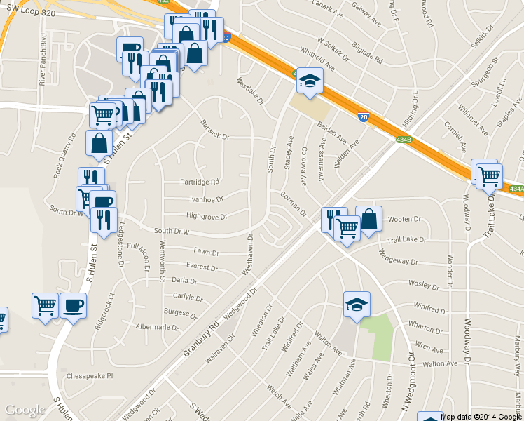 map of restaurants, bars, coffee shops, grocery stores, and more near 4334 Segura Court North in Fort Worth