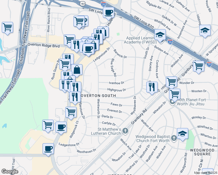 map of restaurants, bars, coffee shops, grocery stores, and more near 4705 Ivanhoe Drive in Fort Worth