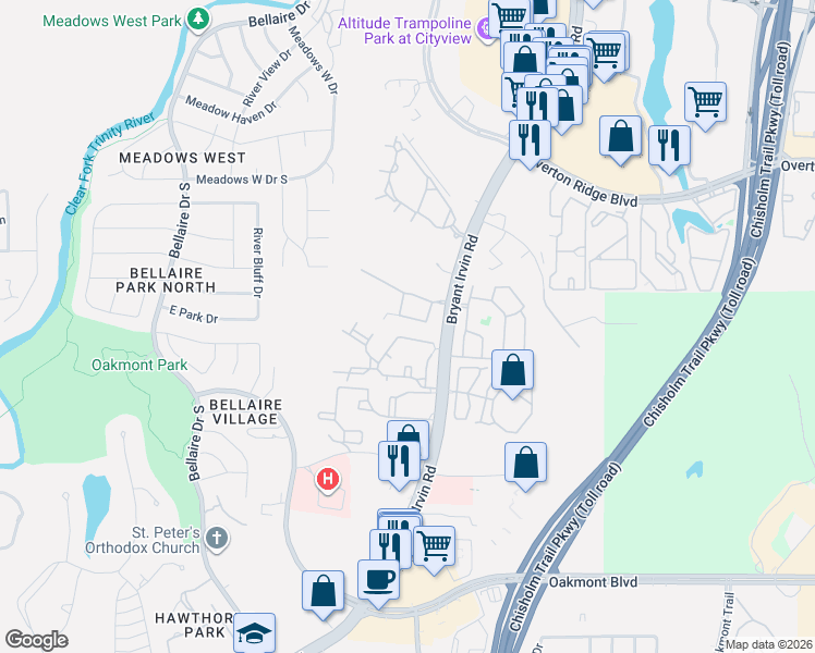 map of restaurants, bars, coffee shops, grocery stores, and more near 5240 Welden Court in Fort Worth
