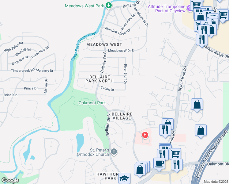 map of restaurants, bars, coffee shops, grocery stores, and more near 6721 East Park Drive in Fort Worth