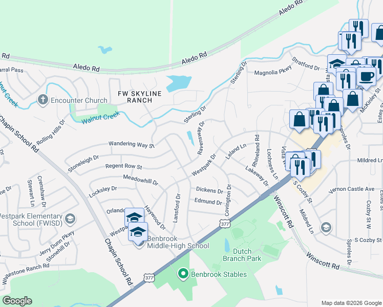 map of restaurants, bars, coffee shops, grocery stores, and more near 9820 Ravensway Drive in Benbrook