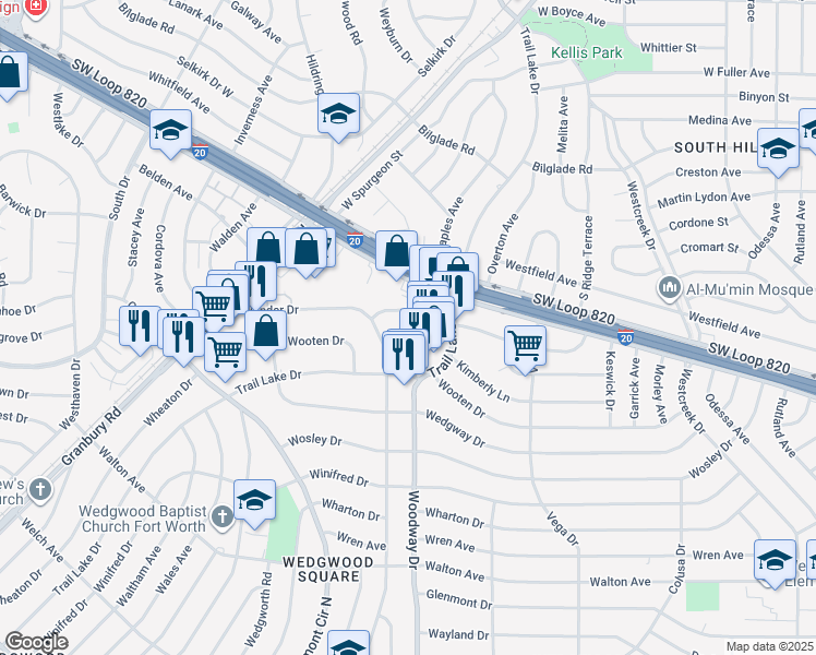 map of restaurants, bars, coffee shops, grocery stores, and more near 5308 Woodway Drive in Fort Worth