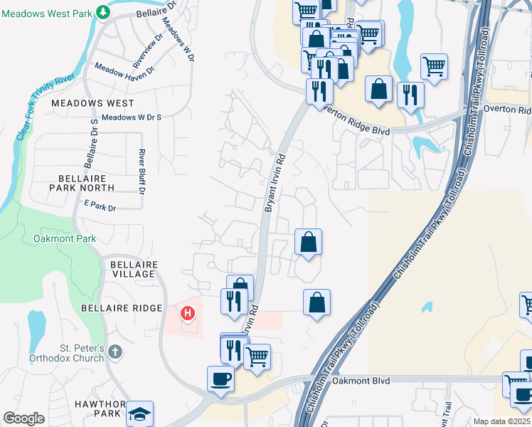 map of restaurants, bars, coffee shops, grocery stores, and more near 5251 Bryant Irvin Road in Benbrook