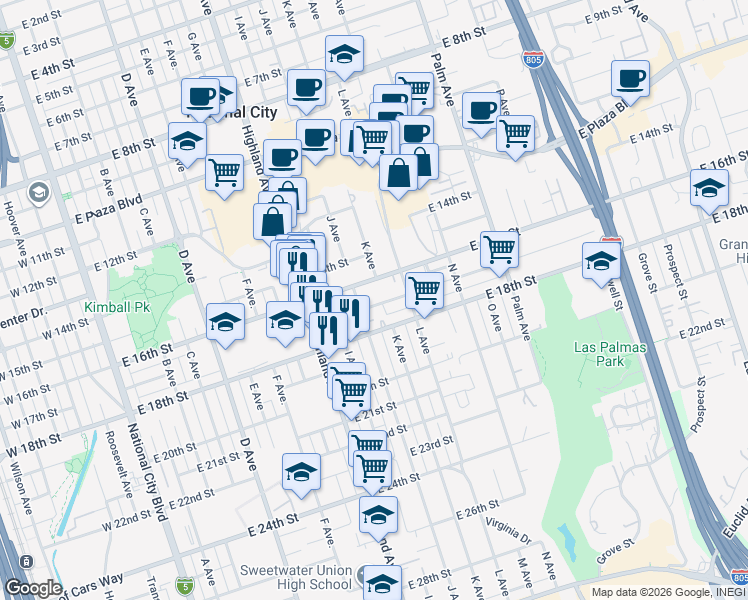 map of restaurants, bars, coffee shops, grocery stores, and more near 1029 East 17th Street in National City