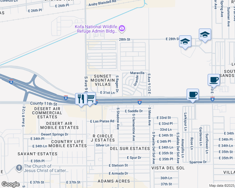 map of restaurants, bars, coffee shops, grocery stores, and more near 9243 East 31st Lane in Yuma