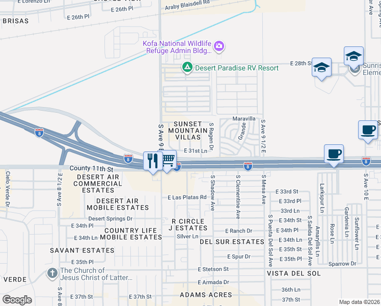 map of restaurants, bars, coffee shops, grocery stores, and more near 9151 East 31st Lane in Yuma