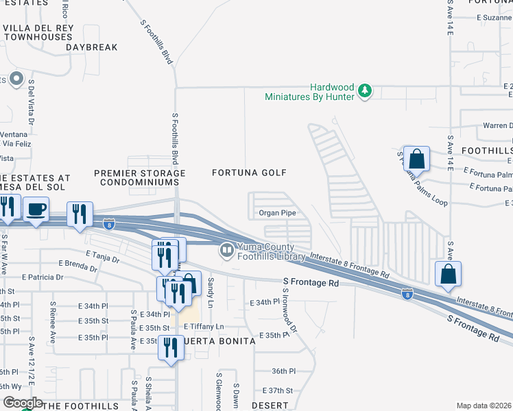 map of restaurants, bars, coffee shops, grocery stores, and more near 10713 El Camino Del Dablo in Yuma