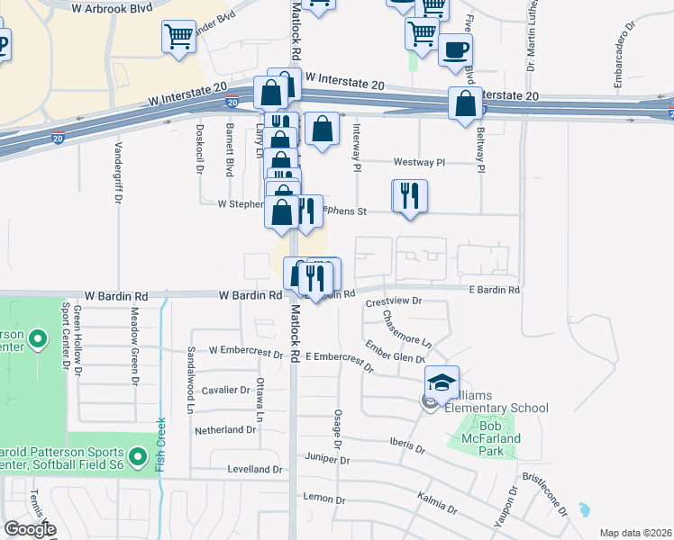map of restaurants, bars, coffee shops, grocery stores, and more near 131 East Bardin Road in Arlington