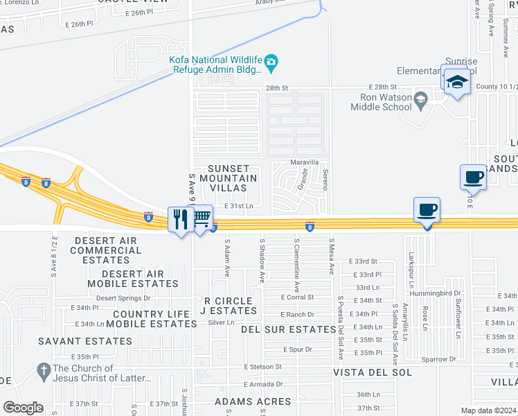 map of restaurants, bars, coffee shops, grocery stores, and more near 9237 East 31st Lane in Yuma
