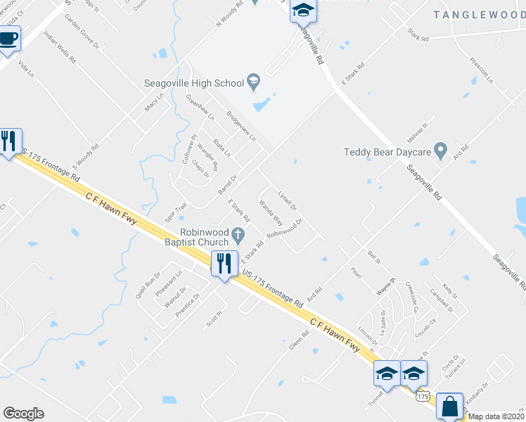 map of restaurants, bars, coffee shops, grocery stores, and more near 2911 Wanda Way in Seagoville