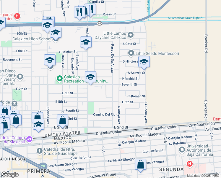 map of restaurants, bars, coffee shops, grocery stores, and more near 631 Paseo De Su Alteza in Calexico