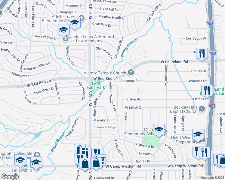 map of restaurants, bars, coffee shops, grocery stores, and more near 6314 Autumn Woods Trail in Dallas