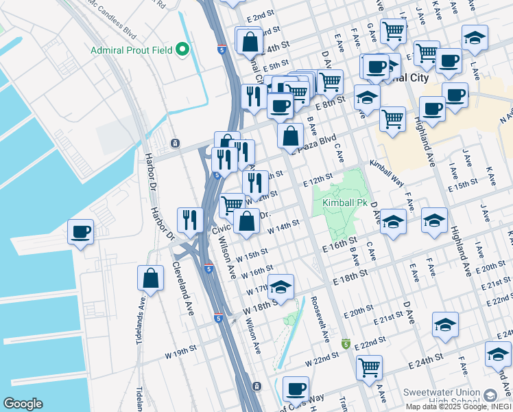 map of restaurants, bars, coffee shops, grocery stores, and more near 224 West 12th Street in National City