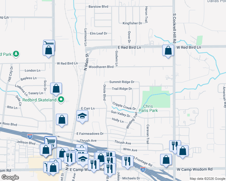 map of restaurants, bars, coffee shops, grocery stores, and more near 522 Trail Ridge Drive in Duncanville
