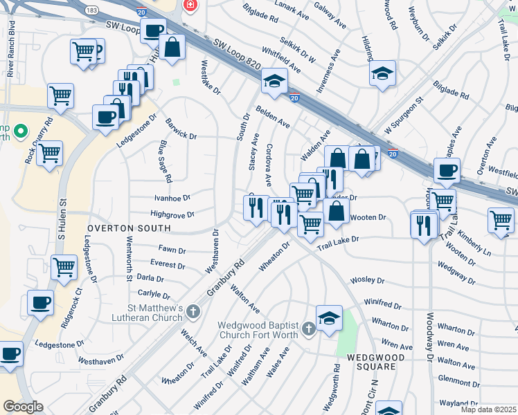 map of restaurants, bars, coffee shops, grocery stores, and more near 4327 Gorman Drive in Fort Worth
