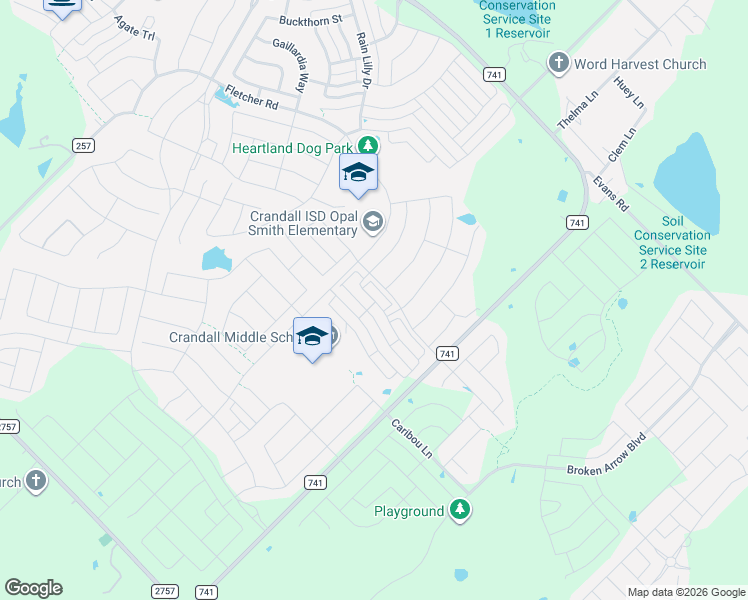 map of restaurants, bars, coffee shops, grocery stores, and more near 2847 Journey Lane in Crandall