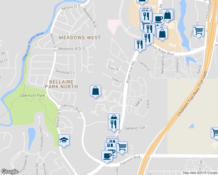 map of restaurants, bars, coffee shops, grocery stores, and more near 6147 Welden Court in Fort Worth