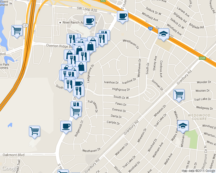 map of restaurants, bars, coffee shops, grocery stores, and more near 4728 Highgrove Drive in Fort Worth