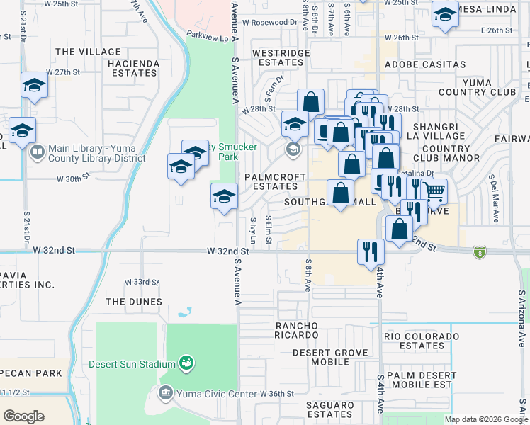 map of restaurants, bars, coffee shops, grocery stores, and more near 3106 South Elm Street in Yuma