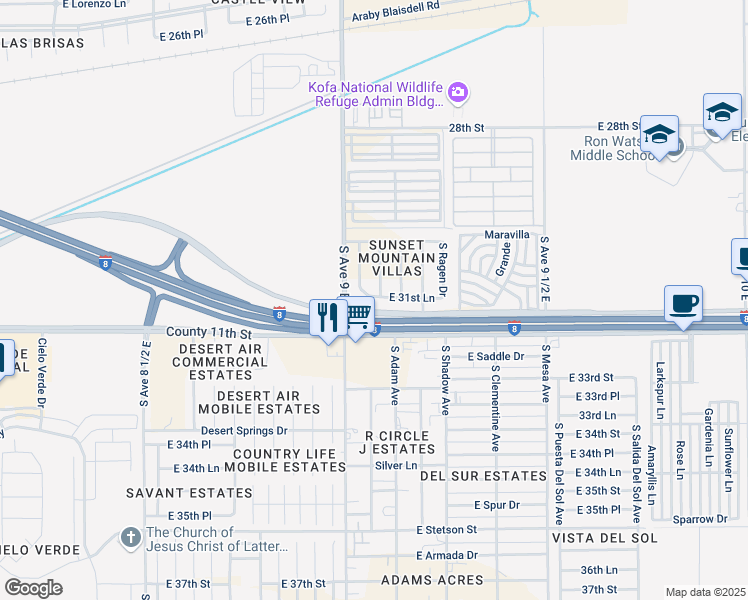 map of restaurants, bars, coffee shops, grocery stores, and more near 9073 East 31st Lane in Yuma