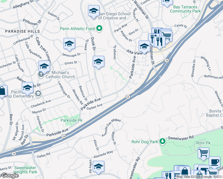 map of restaurants, bars, coffee shops, grocery stores, and more near 2875 Utica Drive in San Diego