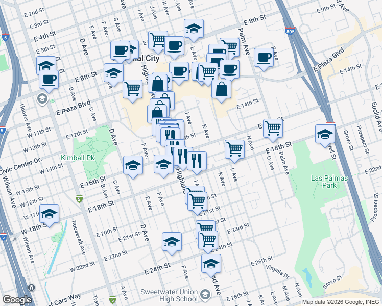 map of restaurants, bars, coffee shops, grocery stores, and more near 920 East 16th Street in National City