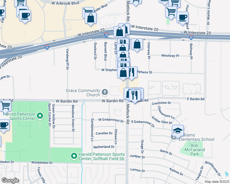 map of restaurants, bars, coffee shops, grocery stores, and more near 4650 Matlock Road in Arlington