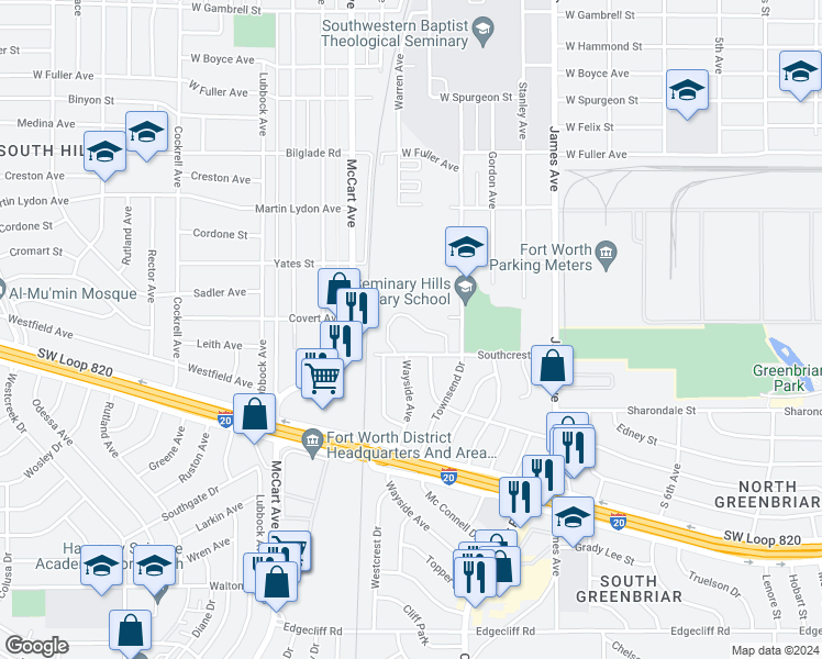 map of restaurants, bars, coffee shops, grocery stores, and more near 2100 Southcrest Drive in Fort Worth
