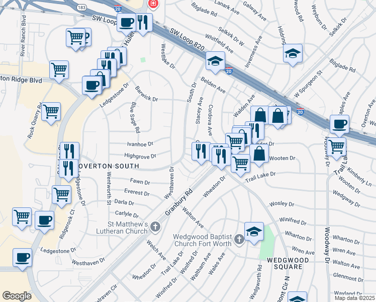 map of restaurants, bars, coffee shops, grocery stores, and more near 4334 Segura Court North in Fort Worth