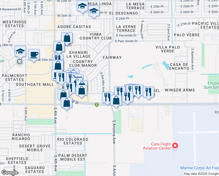 map of restaurants, bars, coffee shops, grocery stores, and more near 3074 South Arizona Avenue in Yuma