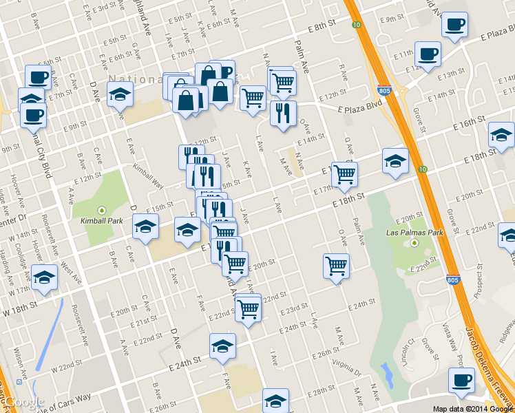 map of restaurants, bars, coffee shops, grocery stores, and more near 1041 E 17th St in National City