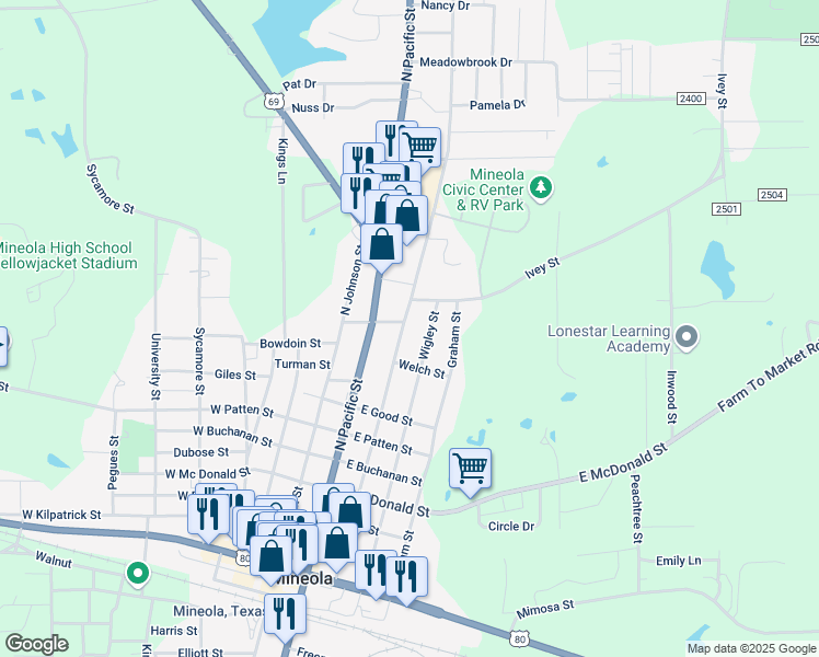 map of restaurants, bars, coffee shops, grocery stores, and more near 910 North Newsom Street in Mineola