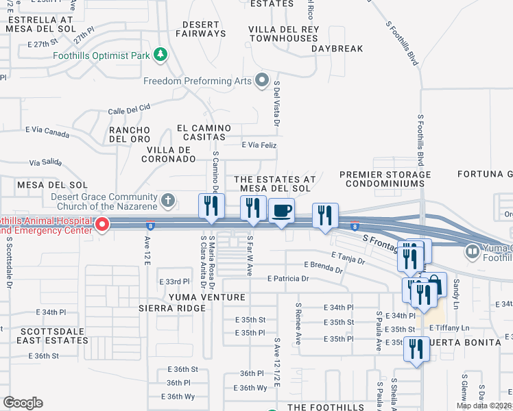 map of restaurants, bars, coffee shops, grocery stores, and more near 12399 E Calle Maria in Yuma