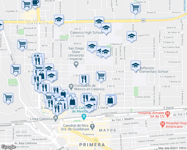 map of restaurants, bars, coffee shops, grocery stores, and more near 546 Giles Avenue in Calexico