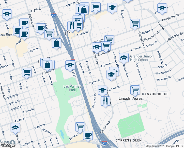 map of restaurants, bars, coffee shops, grocery stores, and more near 2033 Prospect Street in National City