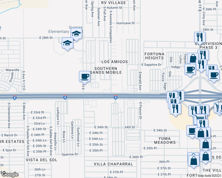 map of restaurants, bars, coffee shops, grocery stores, and more near S Avenida Compadres in Yuma