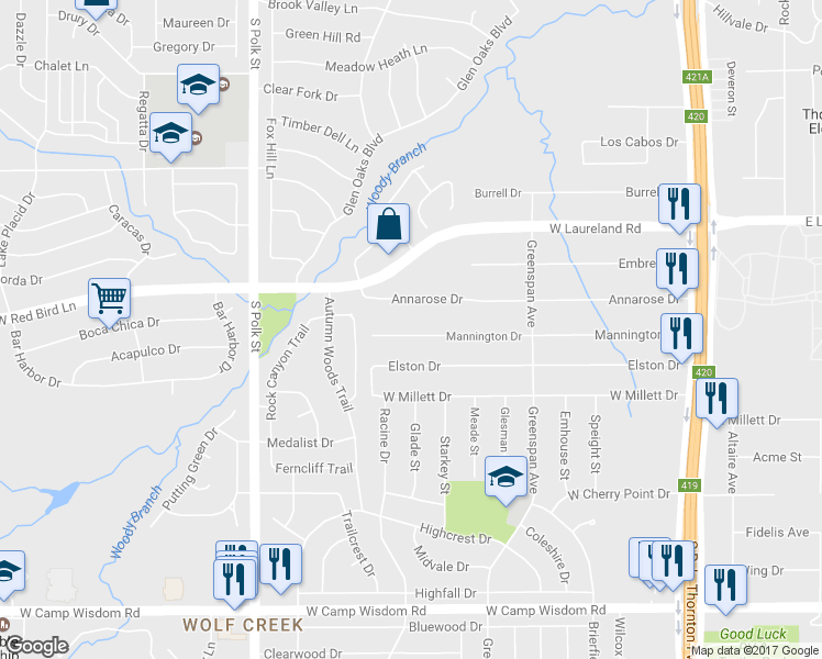 map of restaurants, bars, coffee shops, grocery stores, and more near 655 Mannington Drive in Dallas