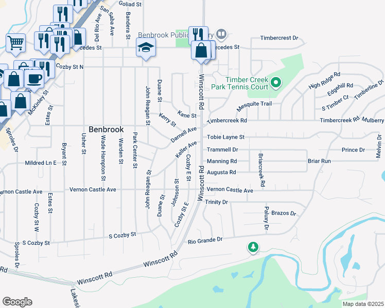 map of restaurants, bars, coffee shops, grocery stores, and more near 1105 Cozby Street East in Benbrook