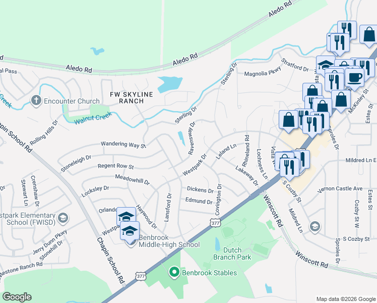 map of restaurants, bars, coffee shops, grocery stores, and more near 9820 Ravensway Drive in Benbrook