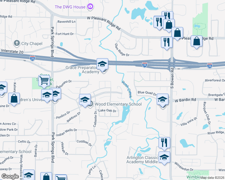 map of restaurants, bars, coffee shops, grocery stores, and more near 4511 Oak Club Drive in Arlington